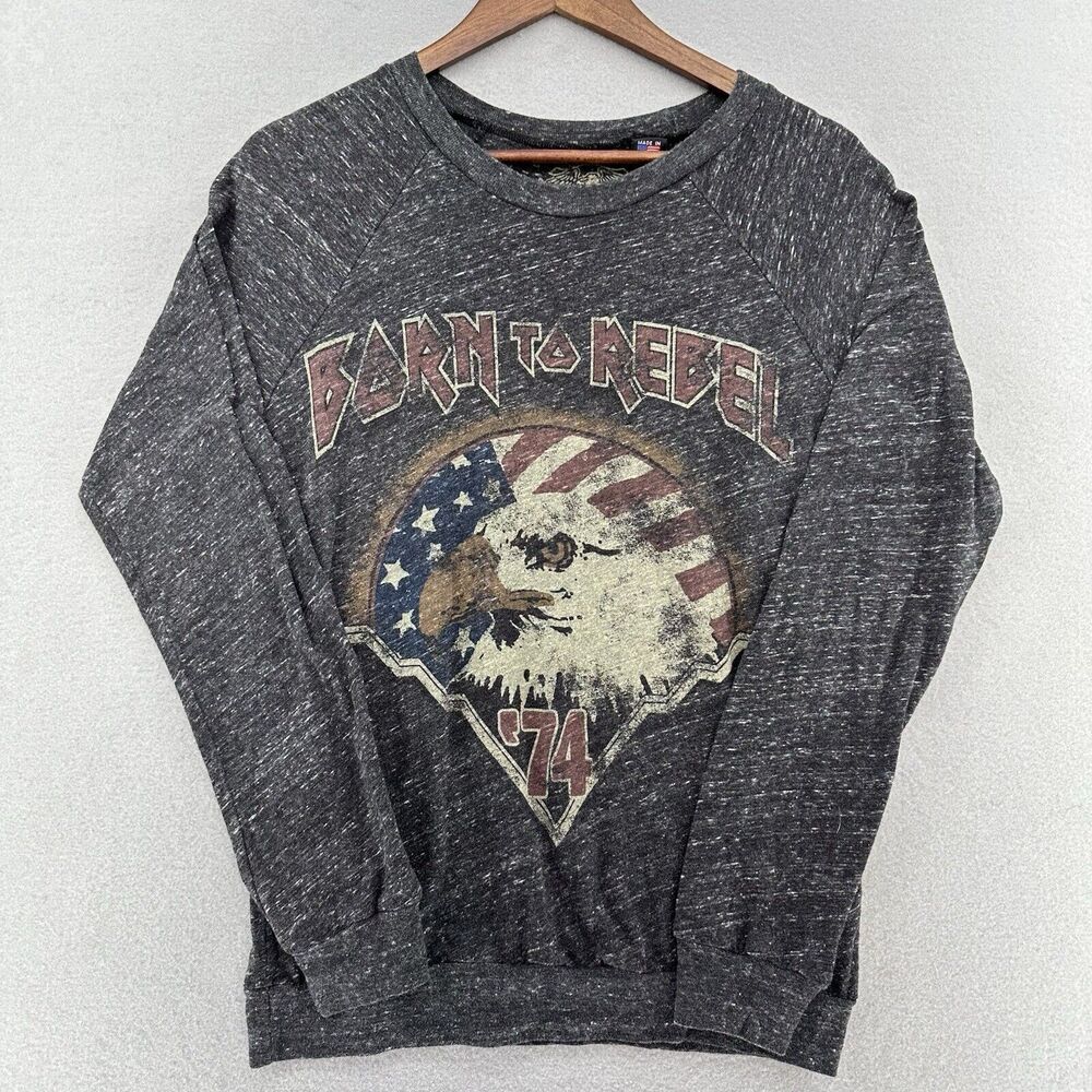 Rebel‎ Republic BORN TO REBEL Long Sleeve Gray Sweat Top Womens M USA Rock Biker